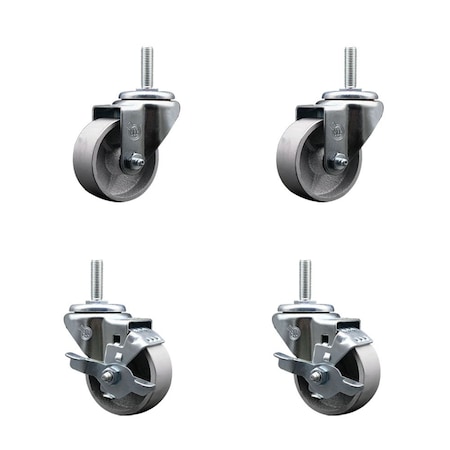 Service Caster 3 Inch Semi Steel Wheel Swivel 34 Inch Threaded Stem Caster Set 2 Brakes SCC SCC-TS20S315-SSR-34212-2-TLB-2